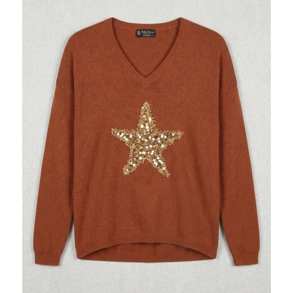 Bella Amore Made in Italy Burnt Orange Shimmer Sequin Star V-Neck Sweater Size M